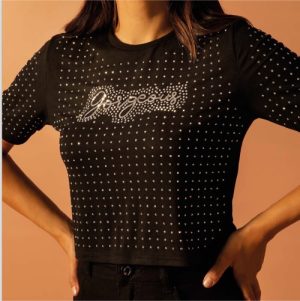 Blusa manga curta brilho preta e cinza
