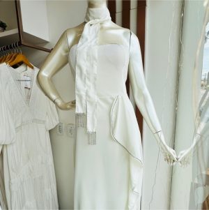 Vestido longo babado e stras branco G