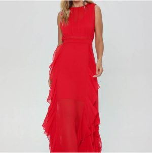 Vestido longo babados laterais vermelho
