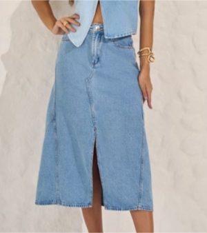 Saia mídi jeans fenda 36 e 40