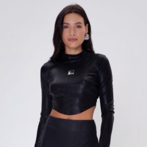 Blusa curta manga longa shine preta M G