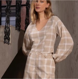 Blusa manga longa xadrez bege M