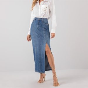 Saia midi jeans fenda 38 42