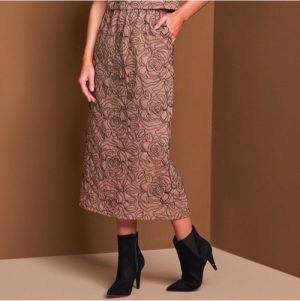 Saia midi marrom bordado preto P M