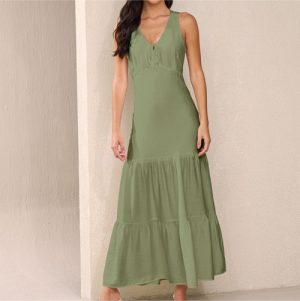 Vestido longo babados verde G marrom M