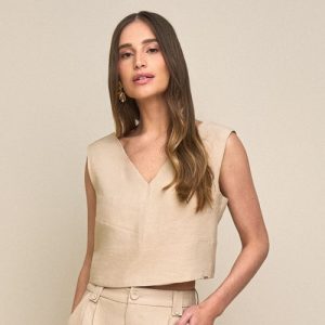 Blusa croped dec V bege palha M