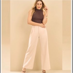 Calça wide leg pepit linho azul e mocha