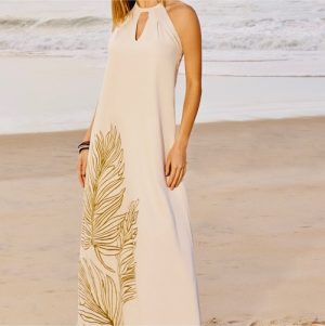 Vestido longo cru folhagens verde P M