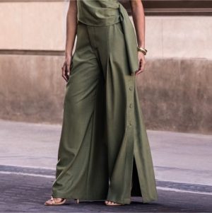 Calça wide glam shine oliva M bege G