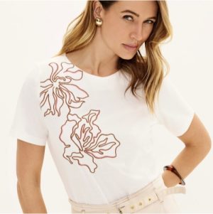 T shirt bordado flor off M G e verde M