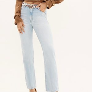 Calca jeans reta cinto leopardo 38 42 44