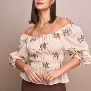 Blusa manga 7/8 drapeado folhagem P M