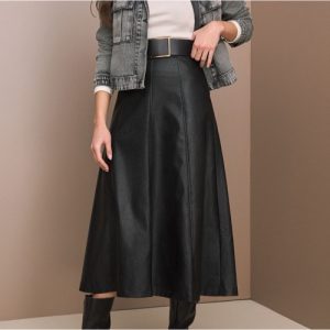 Saia midi couro PU preto e marrom 38 a44